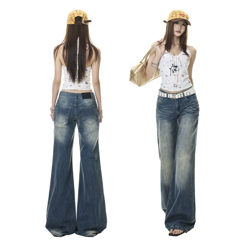 Vintage American-Style Pleated Retro Washed Flared Jeans for Women, Thin Summer Retro-Colored Long Pants, Other Cotton