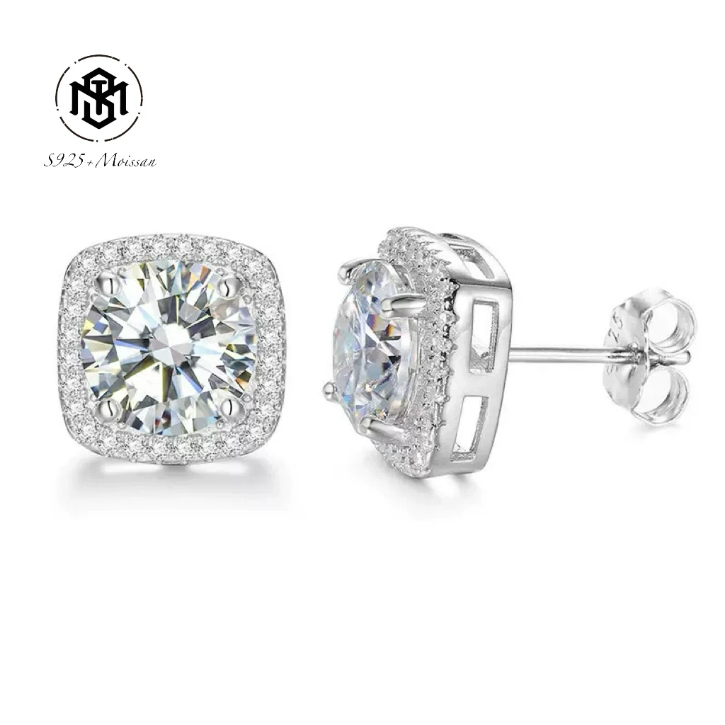 MST BLING S925 Silver Moissanite Ear Needles European and American Trendy Ear Needles with Diamond Set Square Diamond Ear Needles