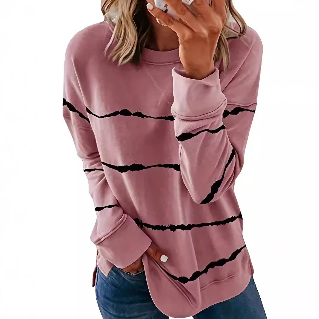 European and American Foreign Trade Women's Clothing Amazon New Explosions Striped Printed Striped Top Round Neck Shirt Loose Long Sleeve Sweater