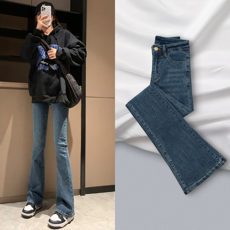 Flared Jeans for Women 2024 Spring and Autumn New Petite Stretchy Slim Fit Bootcut High-Waisted Retro Floor-Length Pants