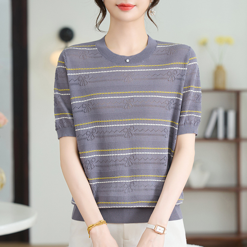 Fashionable Casual Women's Summer New Striped Short-Sleeve Thin T-Shirt Pullover Ice Silk Knit Top for Moms