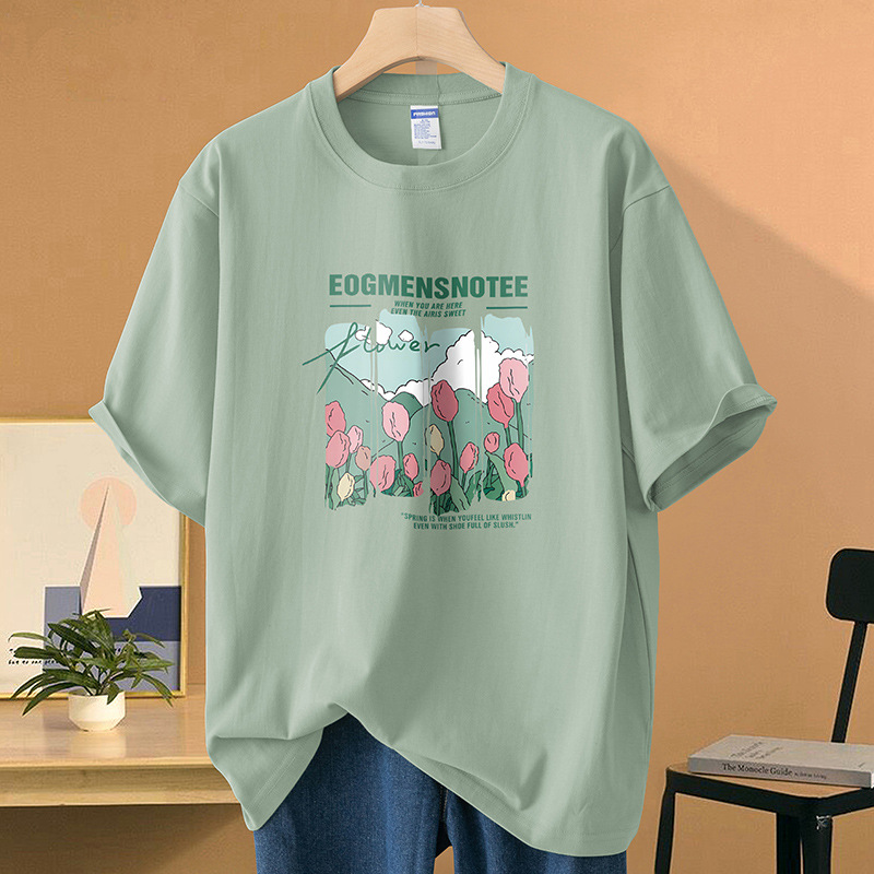 260g Heavy Cotton T-shirt Women's Short-sleeved High-end Printed Chic Niche Top Summer Half-sleeved Loose T-shirt