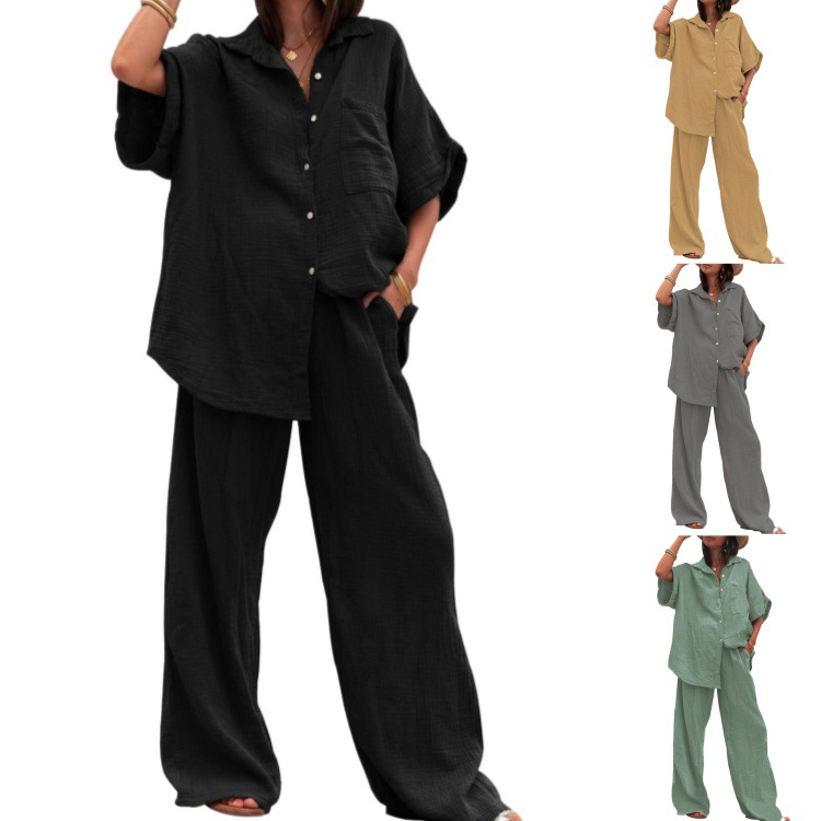 2024 Amazon European and American Summer New Popular Cotton and Linen Chiffon Casual Suit Short-Sleeved Shirt Two-Piece Set for Women