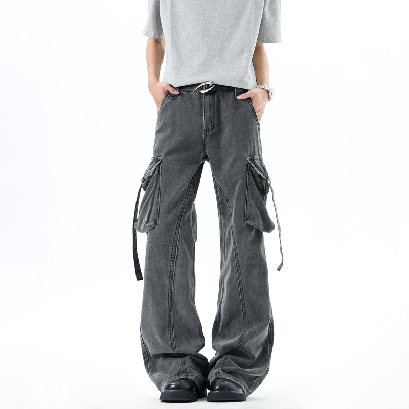 American-Style Multi-Pocket Cargo Pants 26 Unisex High Street Cool Washed Flared Long Pants Trendy Straight-Leg Jeans