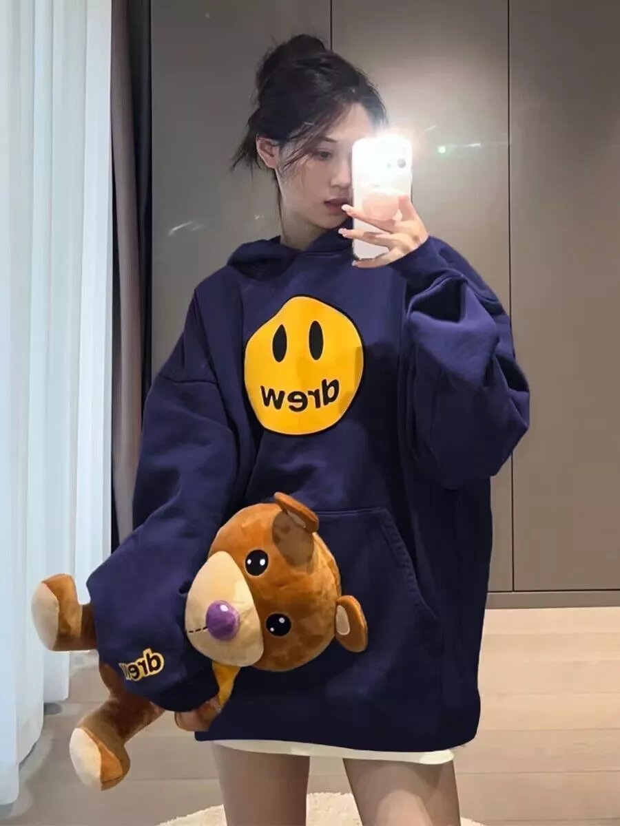 Heavyweight, high quality! Cotton Silver Fox Velvet Autumn and Winter Plus Velvet Thickened Smiley Hooded Sweatshirt for Women American Couple Niche Design Coat