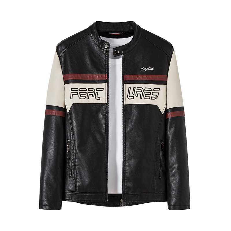 Men's Leather Clothing Men's Korean Style Slim Fit Biker Men's Vertical Collar Embroidered Contrast Color Trendy PU Leather Jacket Cross-Border