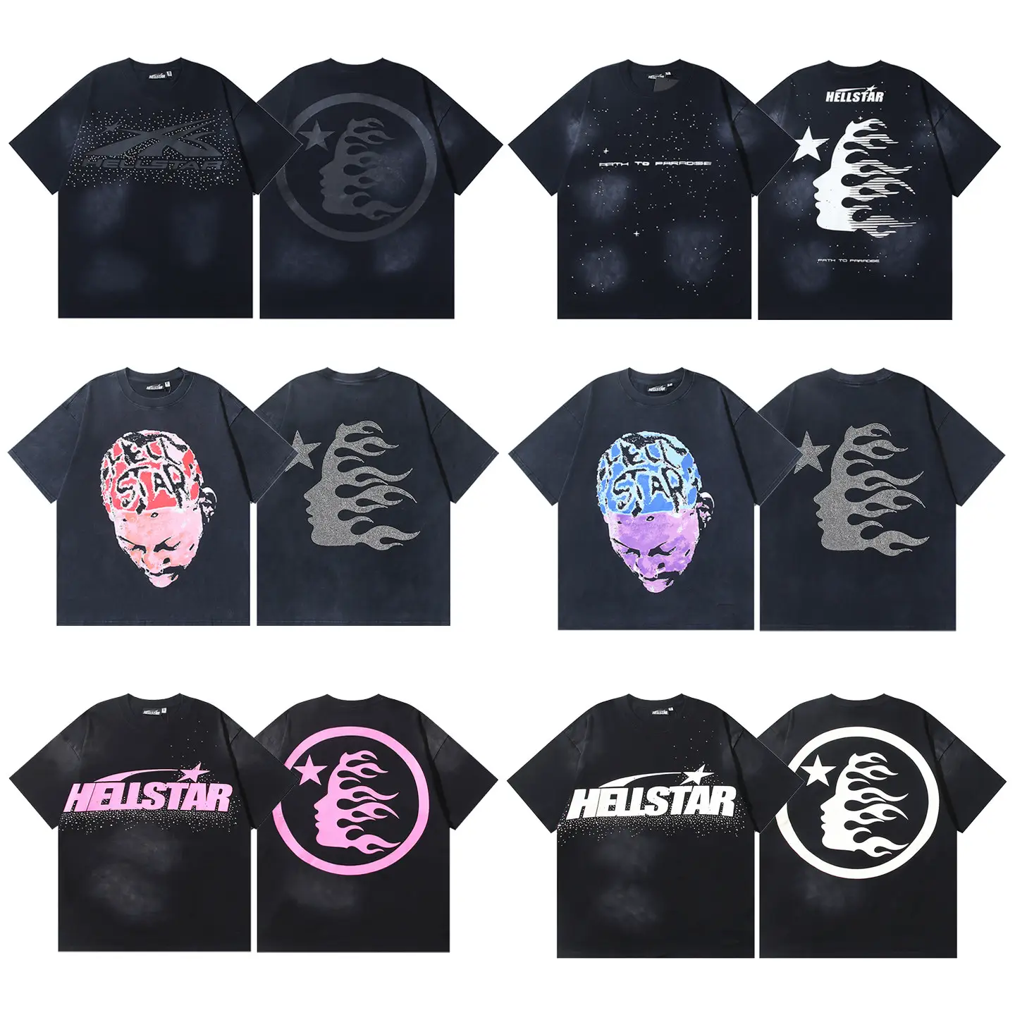 Summer American Retro Vintage Portrait Letter Printed Hot Diamond Short Sleeve T-shirt Hip Hop Men's and Women's Same Style Loose Half Sleeve