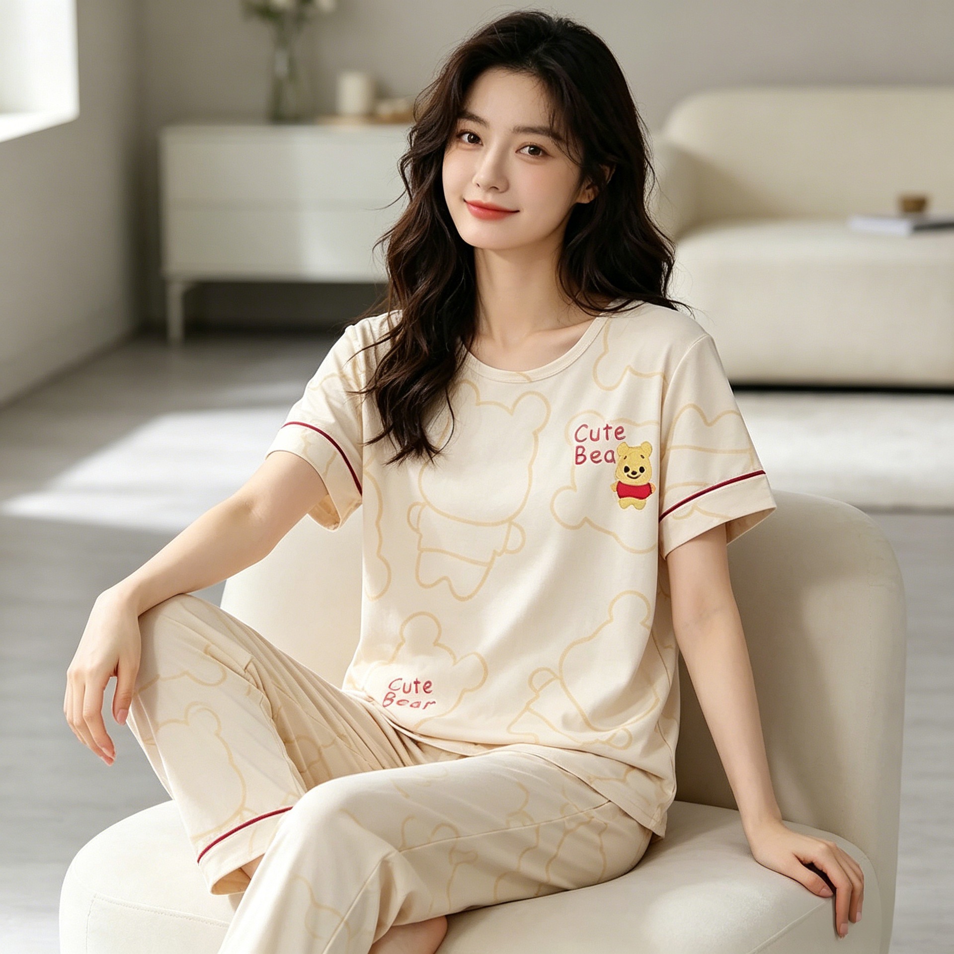 New Summer Imitation Cotton Pajamas for Women, Thin Short-Sleeved Long Pants, Cute Summer Bear Home Clothes Set That Can Be Worn Outside