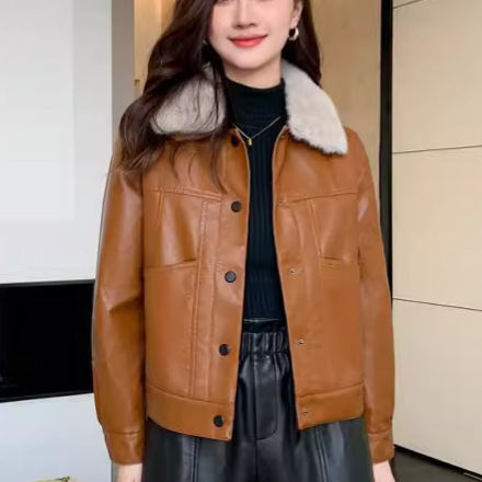 Full Net Low Price Winter Fur Collar fleece-lined Thickened Western Style Fashion Short Lapel PU Leather Women's Coat Jacket Button