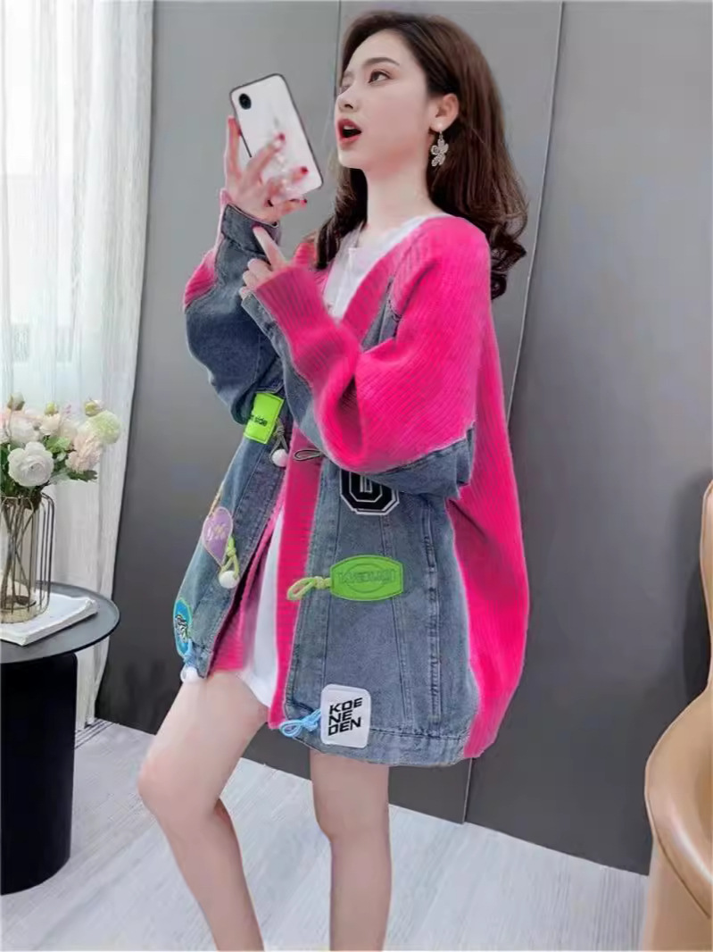 Korean Denim Splicing Sweater Jacket for Women 2025 Autumn and Winter New Design Niche Loose Cardigan Knitted Top