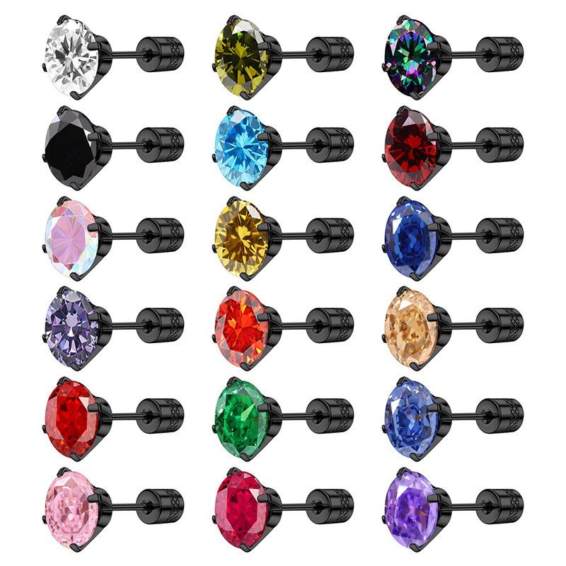 Fashionable and Simple Titanium Steel Personalized Creative Pattern Cylindrical Double-Headed Diamond Inlaid with Colorfulful Zircon Four-Claw Round Zirconium Earrings