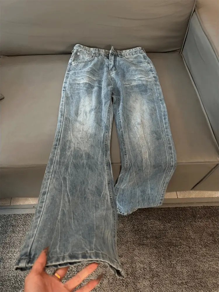 Retro Blue Lightning Pattern Scimitar Jeans Men's American High Street Vibe Style Pants Slim Straight Leg Slightly Flared Pants