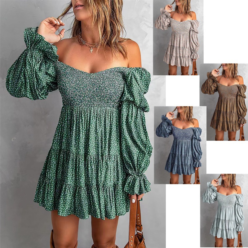 2026 European and American Amazon Autumn New Solid Color Waist-Cinching Pleated A-Line Skirt Sexy Off-Shoulder Dress