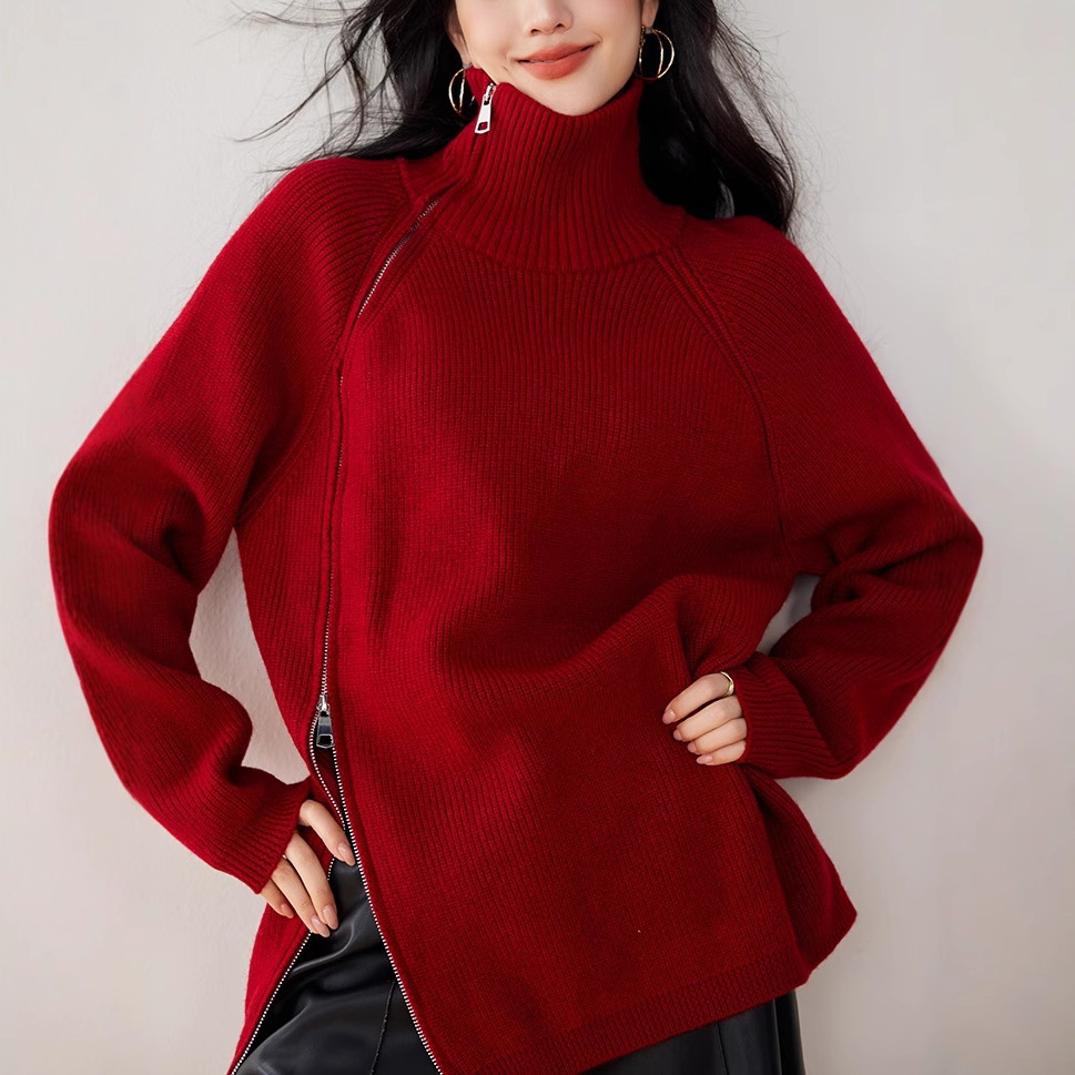2024 New Winter Korean Style Chic Design Side Zipper High Collar Pit Strip Lazy Pullover Knitted Sweater for Women