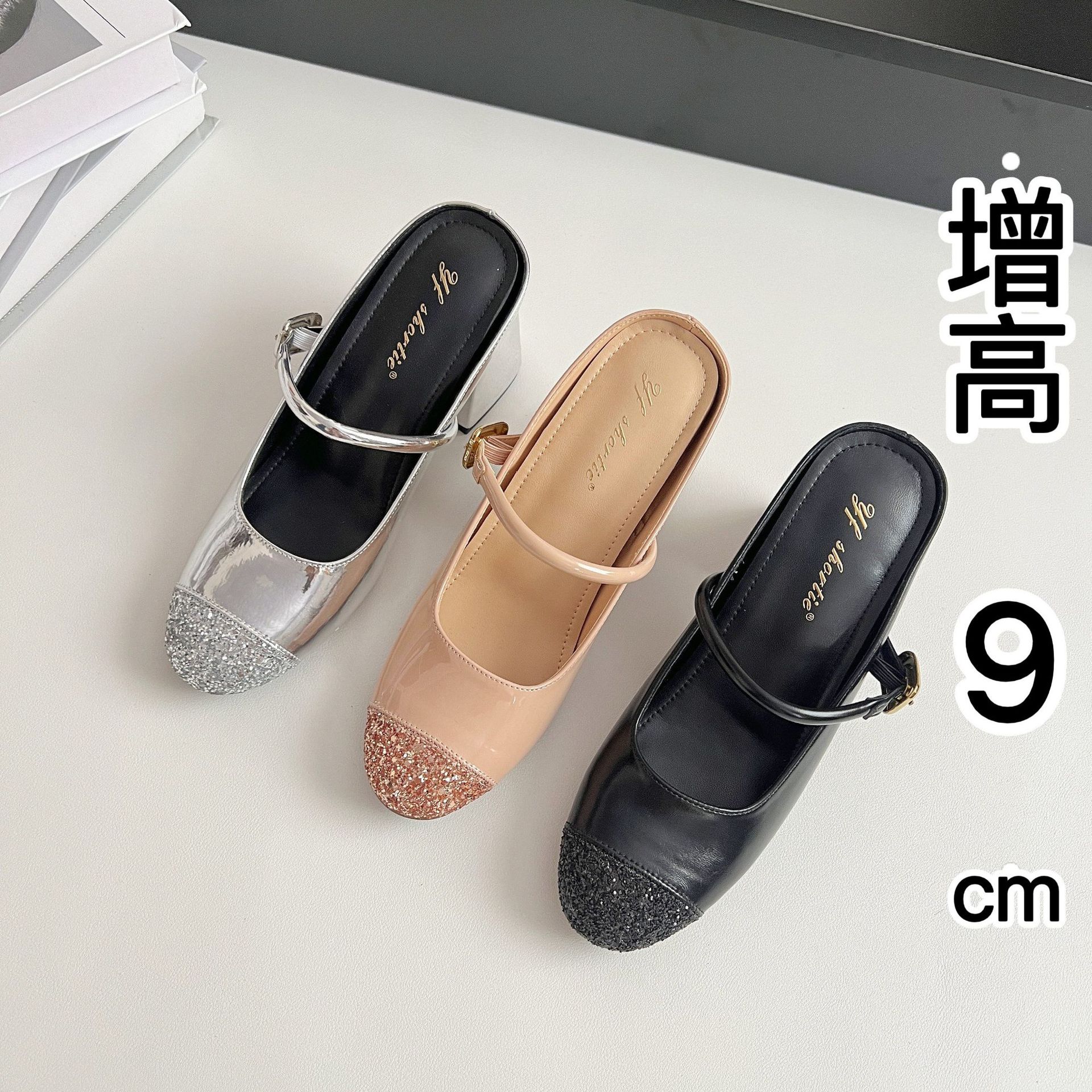 Inner Height Women's Shoes Sequin Round Head Slippers Women's 2025 Spring New Elegant Chunky Heel Mary Jane Sandals