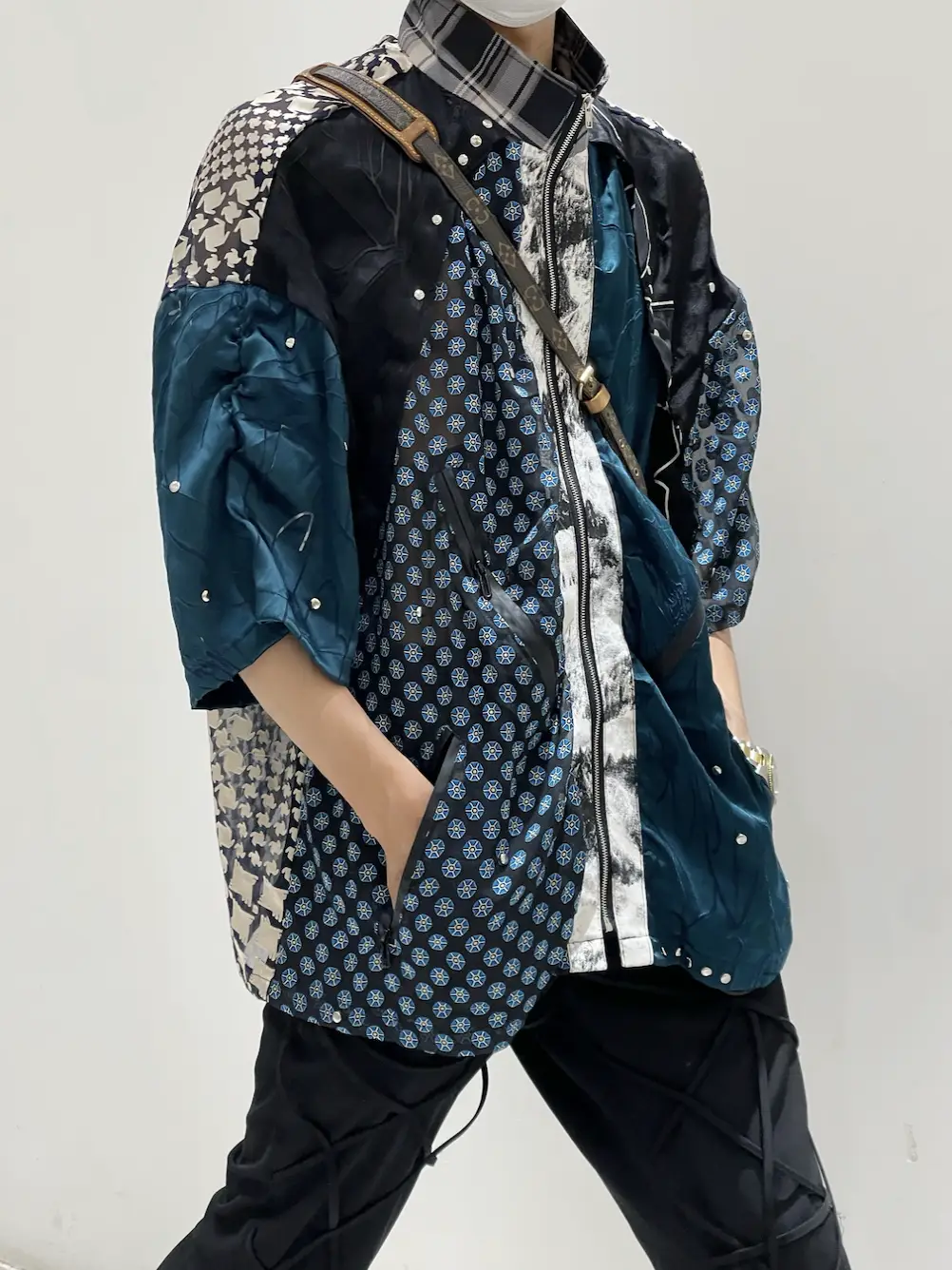 Original Design Patchwork Contrast Color Baijia Cloth Short-Sleeved Metal Rivets Oversize Tops Off-Shoulder Men and Women Sun Protection