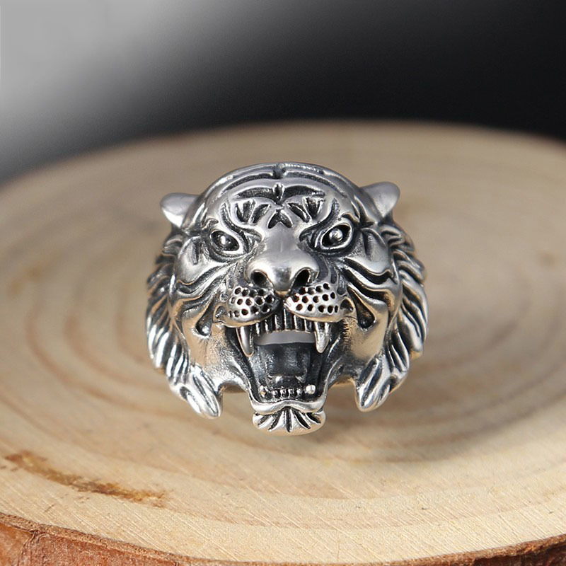 New European and American Retro Personalized Thai Silver Men's Tiger Head Ring Aggressive Fashion Punk Style ins Style