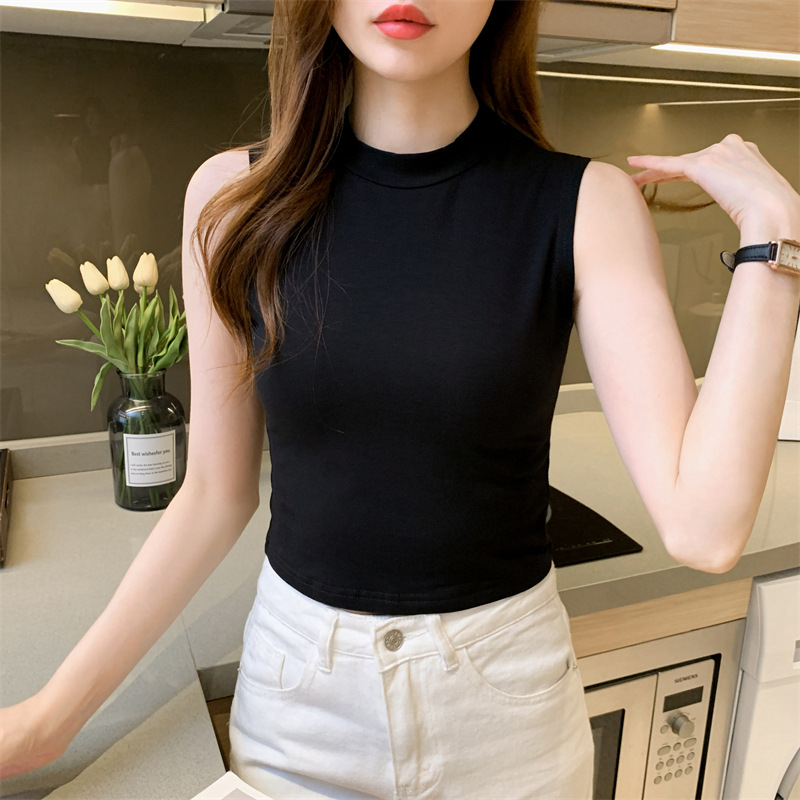 Pure Cotton Navel-Baring Small Turtleneck Vest with Design Niche Outer Wear Sleeveless Pure Color Simple Fashionable Bottoming Top