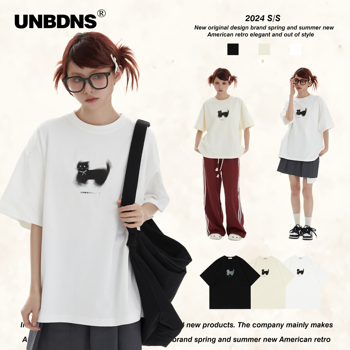 UNBDNS American-style Niche Fun Cat Printed Short-sleeved T-shirt Couple Men's and Women's Trendy Simple All-match Loose