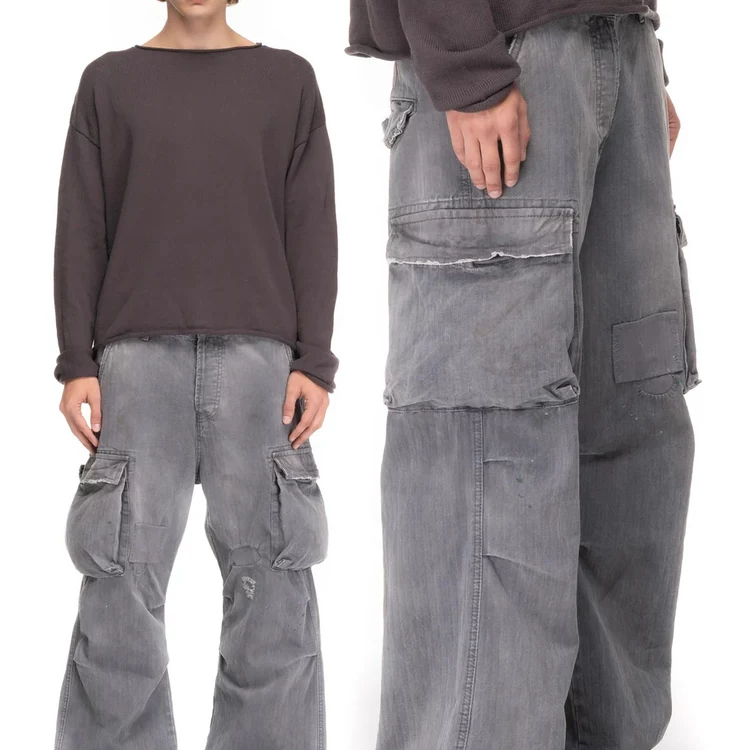 No faith studios gray vintage distressed ripped big pocket jeans men's and women's wide leg pants