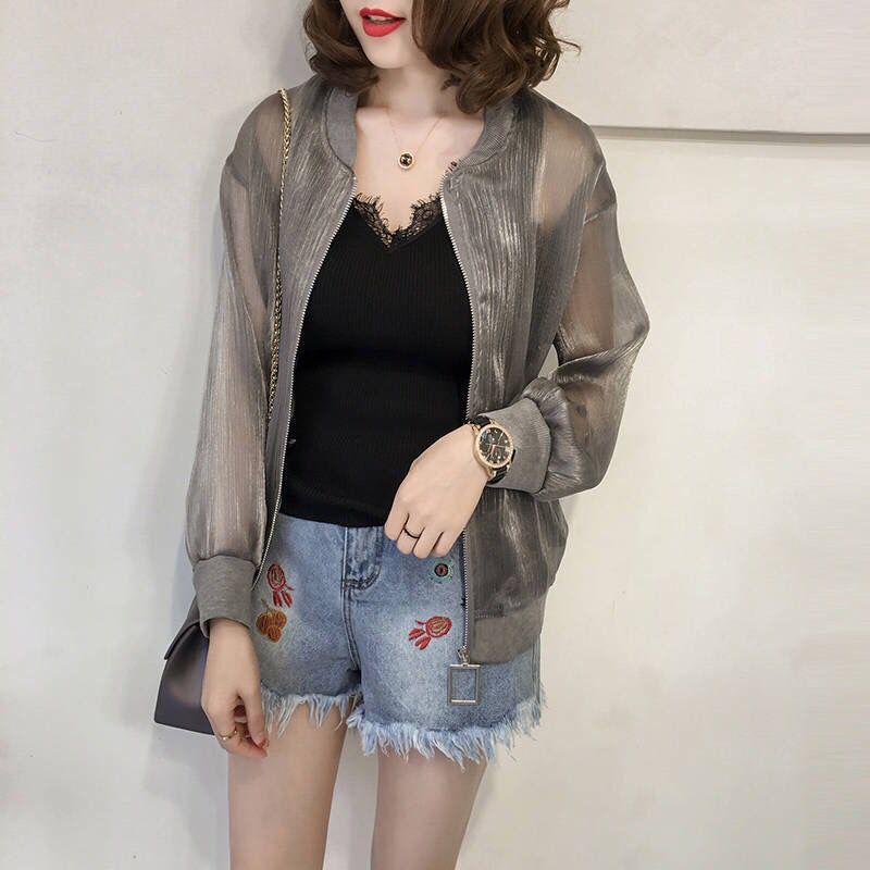 Organza sun protection clothing women's summer plus size cardigan long sleeve short bright silk jacket thin jacket baseball uniform sun protection shirt
