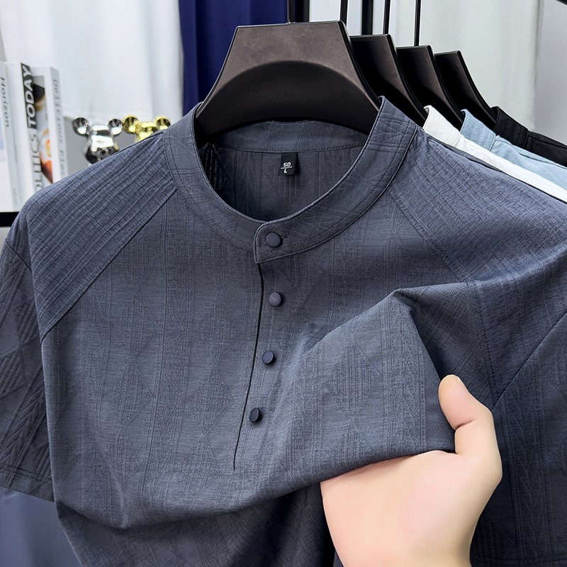 Ice Silk Thin New Chinese Style Short-Sleeve T-Shirt for Men, Summer Button-Up Small Stand Collar Versatile Cool-Feel Men's Top