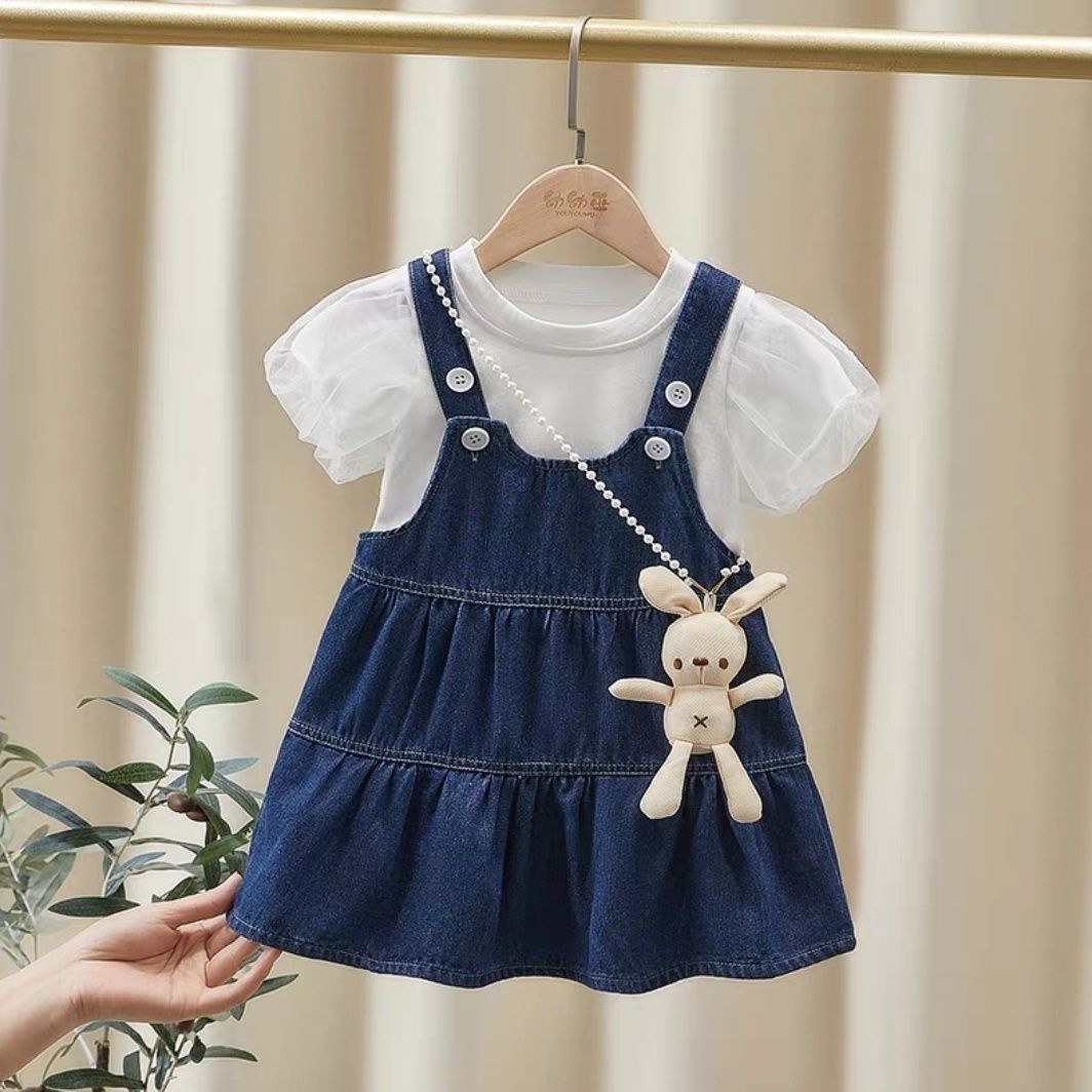 Summer Girls' suit Baby Stylish Children's Personalized Fashion Brand Korean Style Bubble Sleeve T-Shirt Cartoon Denim Strand Skirt