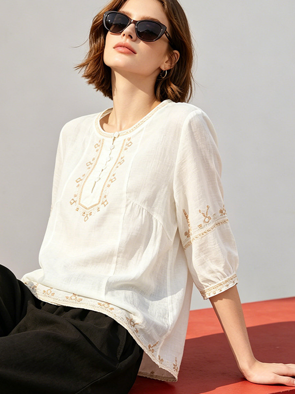 Elegant and Relaxed Style Linen Shirt for Women, 2026 Summer New Korean Casual Versatile Printed Design Thin Top