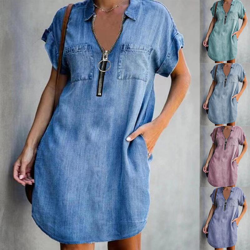 European and American cross-border 2023 Independent station Amazon TEMU New lapel short sleeve loose dress Denim shirt dress