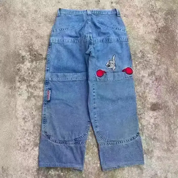 Cross-border European and American Hip Hop Brand Kangaroo Pattern Embroidered Jeans Men's High Street Casual Skateboard Junior Wide Leg Pants