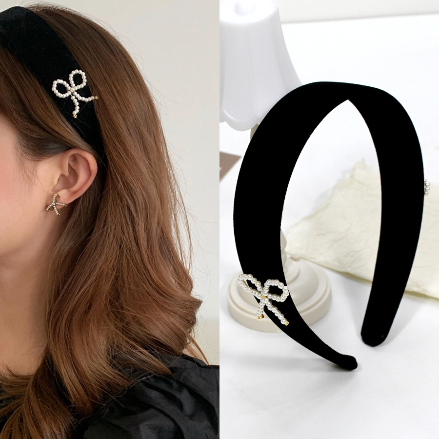 Retro Bow Pearl Headband Korean Temperament Velvet Wide-Brimmed Headband Pressed Hair Accessories for Women Wholesale Knotted