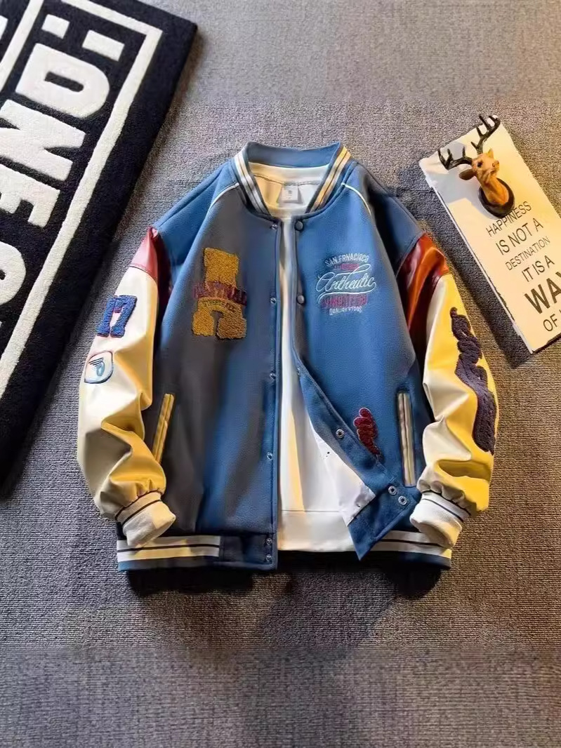 Embroidered Leather Baseball Suit Puppies Handsome Men's Spring and Autumn Fashion Brand Couple's Towel Embroidered Clothes Fashionable Jacket Woolen Jacket