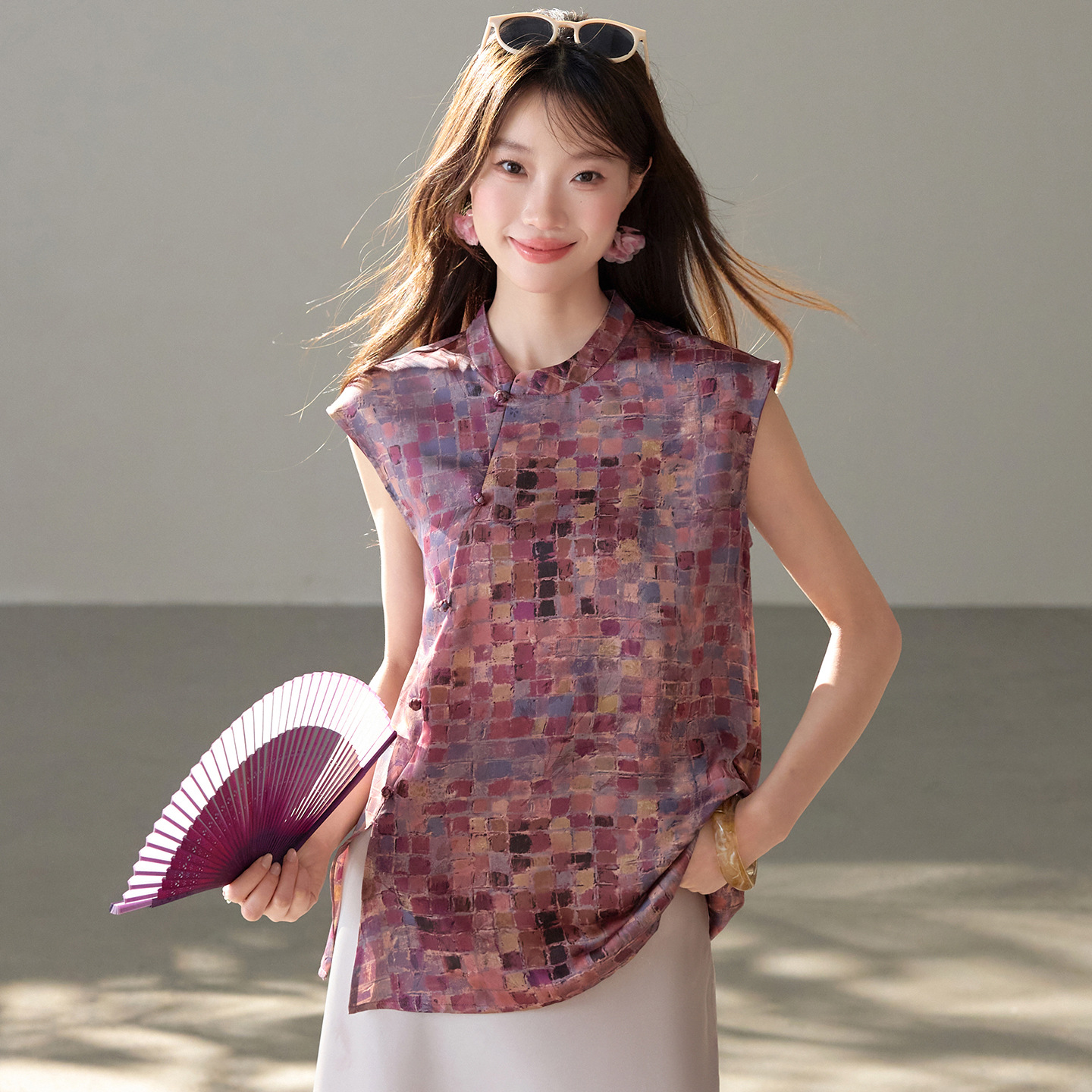 2026 Summer New Style Light and Mature Fashion Improved Cheongsam Slit T-Shirt Plaid Retro Chinese-Style Blouse Women's Clothing