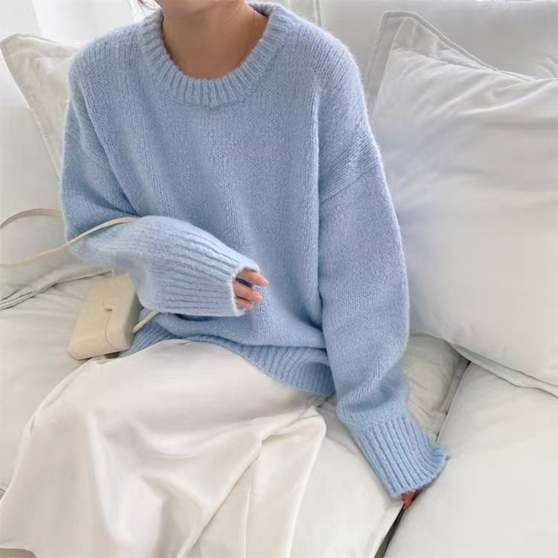 Soft Milk Blue Solid Color Korean Style Sweet and Gentle Sweater Women's Loose Slim Look Lazy Outer Wear Round Neck Sweater Top