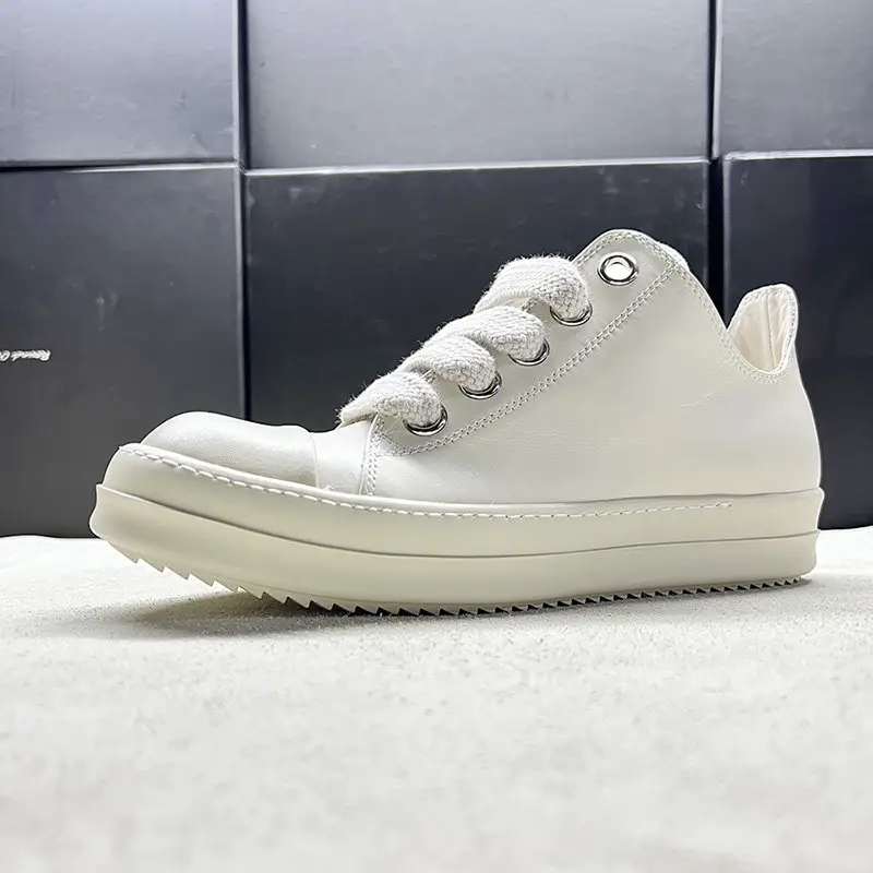 Thick lace round Owens men's shoes low top genuine leather ivory white thick sole niche trbottom brand sports shoes white shoes