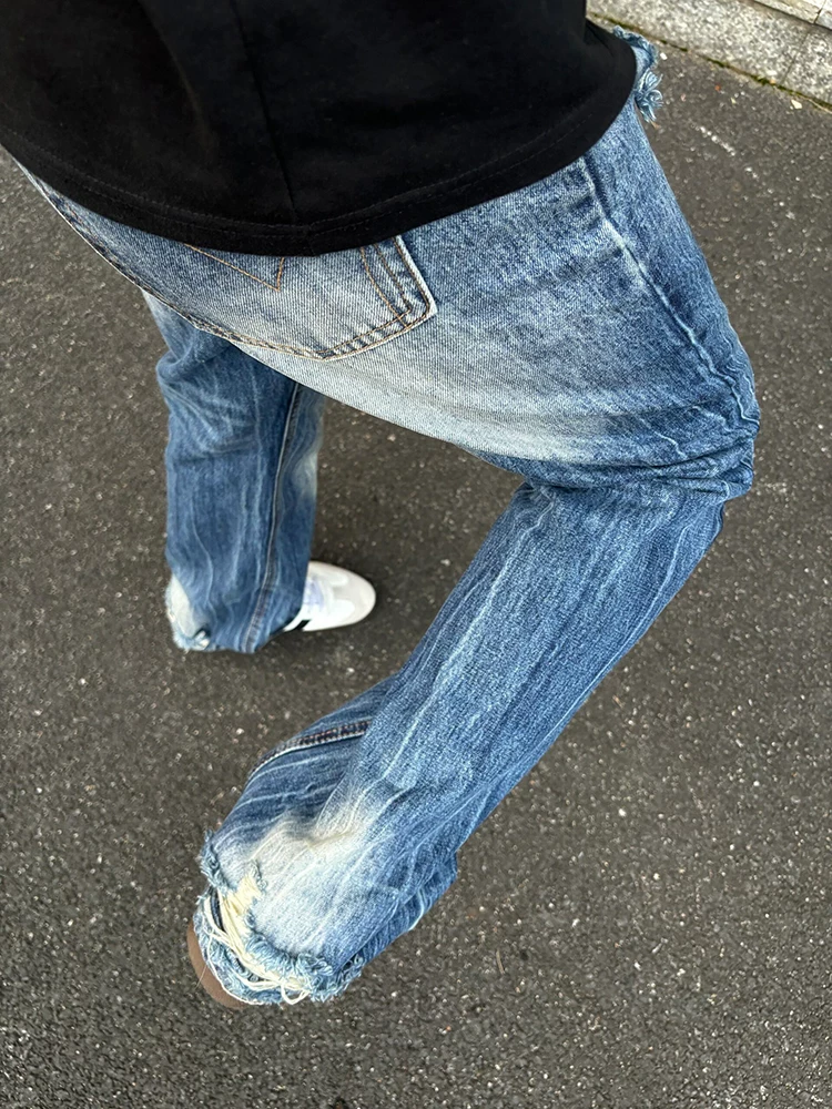 Lightning Crackle Ripped Jeans American High Street Vibe Pants Men's Cleanfit Summer Flared Long Pants Trendy