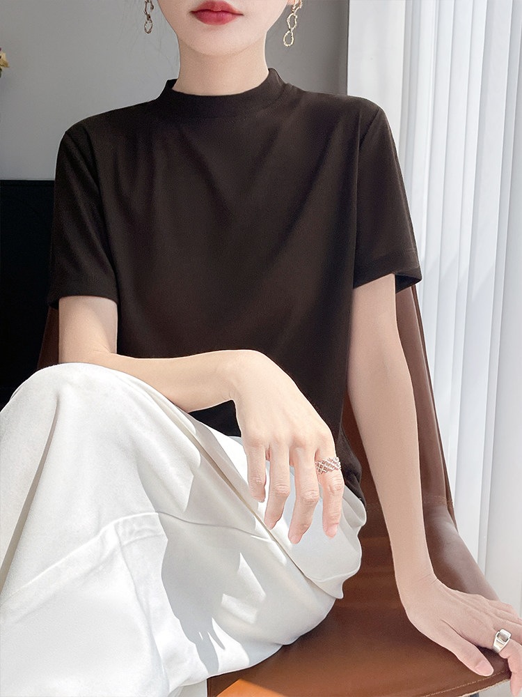 Minimalist Style~Spring and Summer Lyocell Tencel Knit Short-Sleeve Women's Half-Turtleneck T-Shirt, Versatile and Stylish Base Shirt