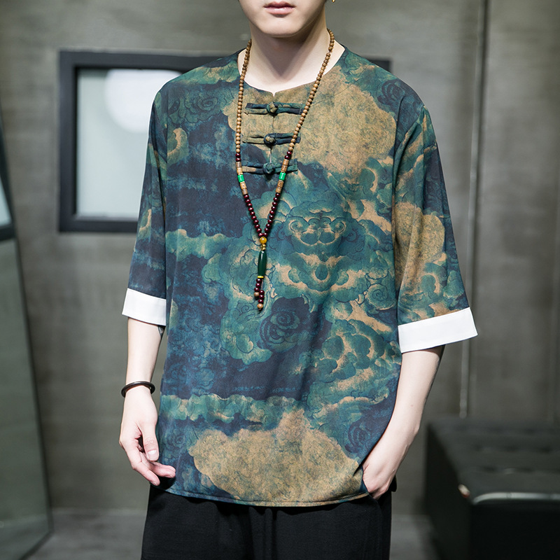 Chinese style men's ice silk short-sleeved T-shirt Tang suit loose plus size summer retro buckle Zen tea T-shirt top