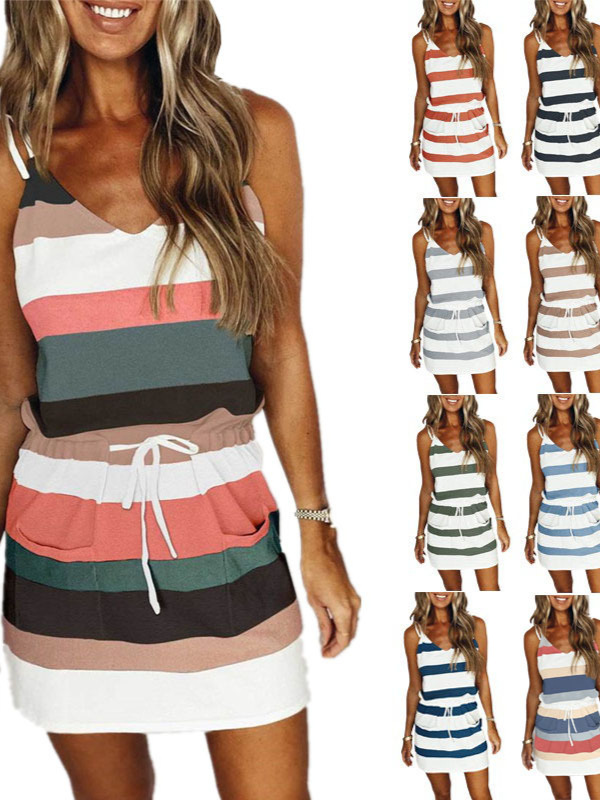 Cross-border Women's Summer New dress Sling Short Skirt Lace-up Waist V-neck Color Striped Pocket Skirt
