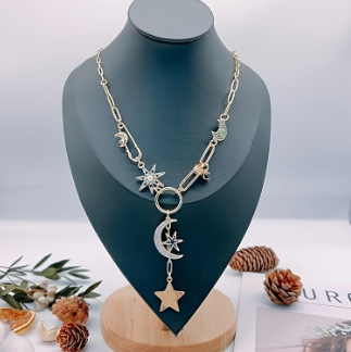 Europe and the United States cross-border hot diamond embossed paper clip pendant star moon necklace retro trend high sense