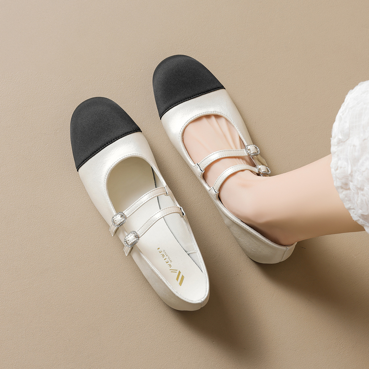 Vivienne Girl 883-2 Ballet Flats for Women, Color-Block French Style Mary Jane Shoes, Single Strap Granny Shoes
