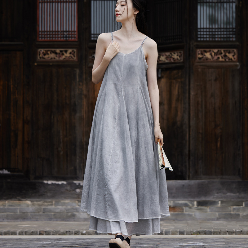 2026 Summer Dark Style: Remembrance Remains - Leaf Patchwork Flared Hem Slip Dress for Travel Photography with Spray-Dyed Design