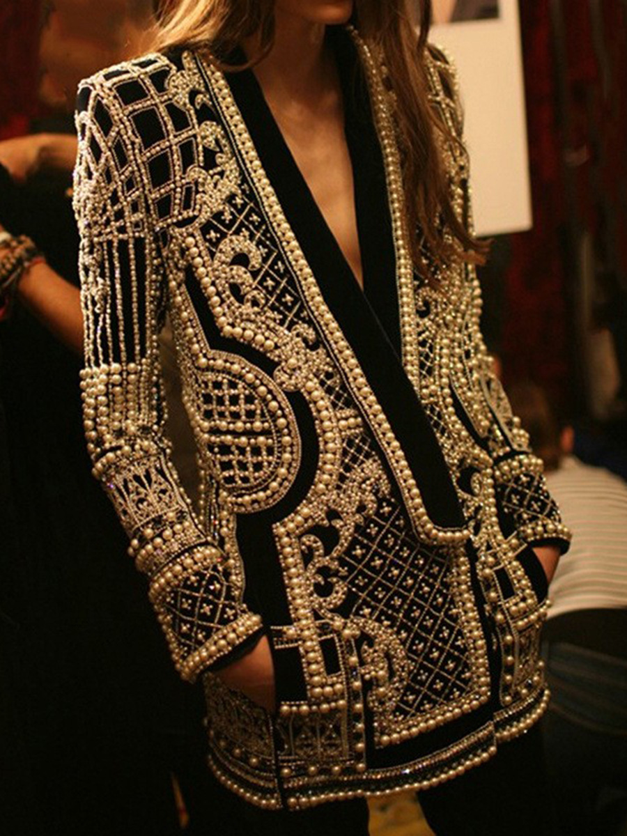 Heavy-Duty Vintage-Style Blazer 2026 Spring New Fashion Elegant Beaded Printed Long-Sleeve High-End Jacket for Women
