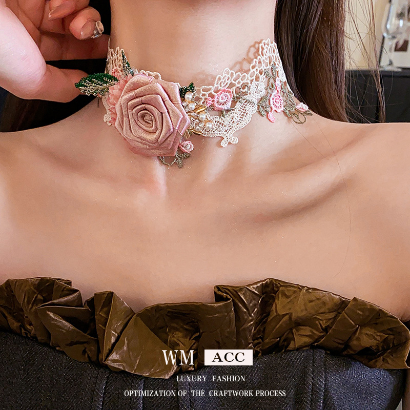 Fabric Flower Pearl Diamond Necklace Fresh Sweet Design Neck Chain Mori Niche Advanced Necklace Wholesale
