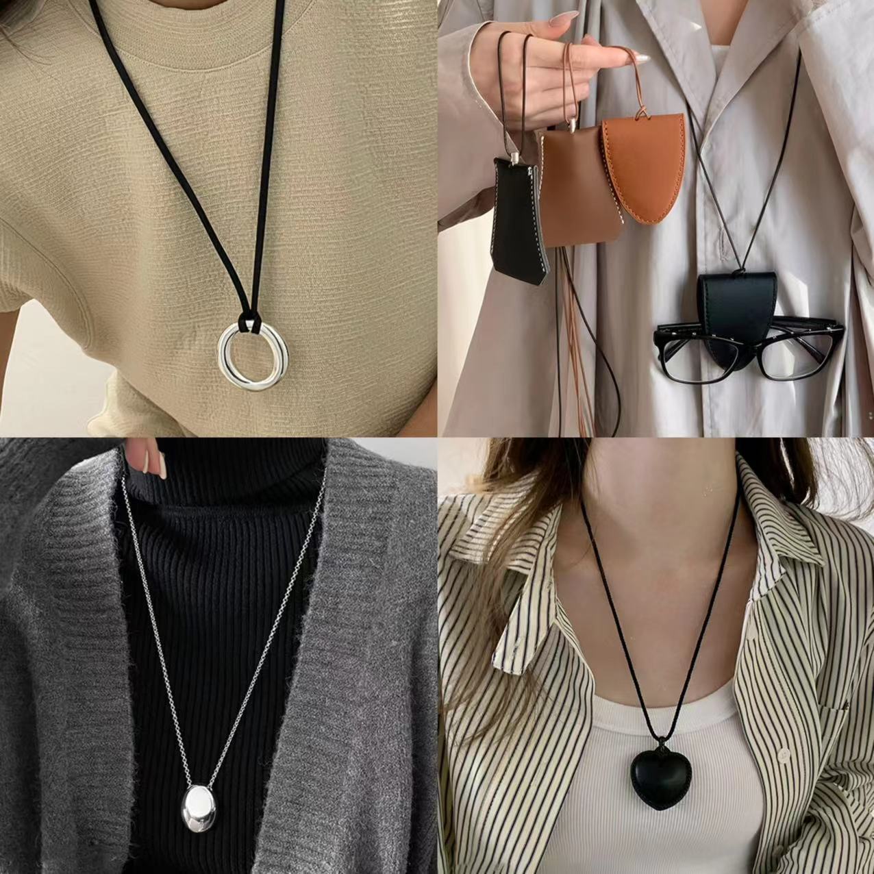 Vintage Hong Kong-style Artificial Leather Rope Small Bag Necklace Fashion All-match Crescent Moon Woolen Chain High-end Jewelry for Women