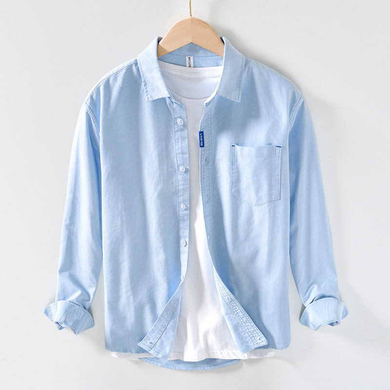 1305 Japanese Style Casual Solid Color Loose Long-sleeved Shirt Men's Oxford Cotton Shirt Top Men's One-piece Hair