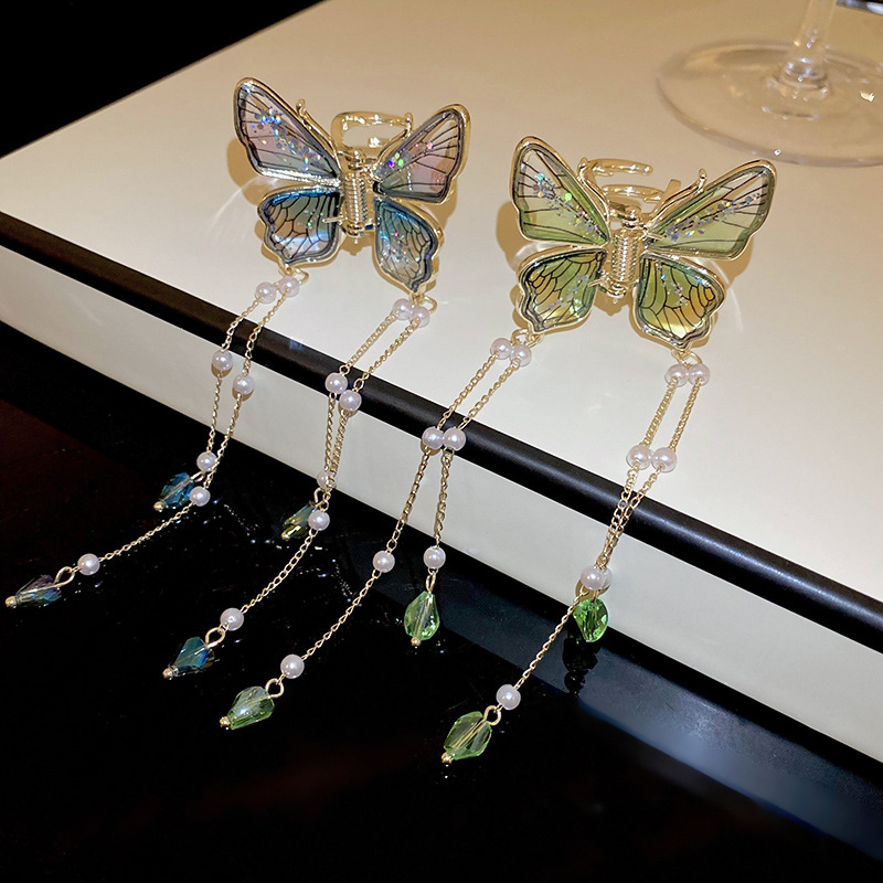Super Fairy Butterfly Imitation Pearl Crystal Tassel small size Grab Clip Elegant Back Head Ponytail Hair Elegant High-grade Hairpin