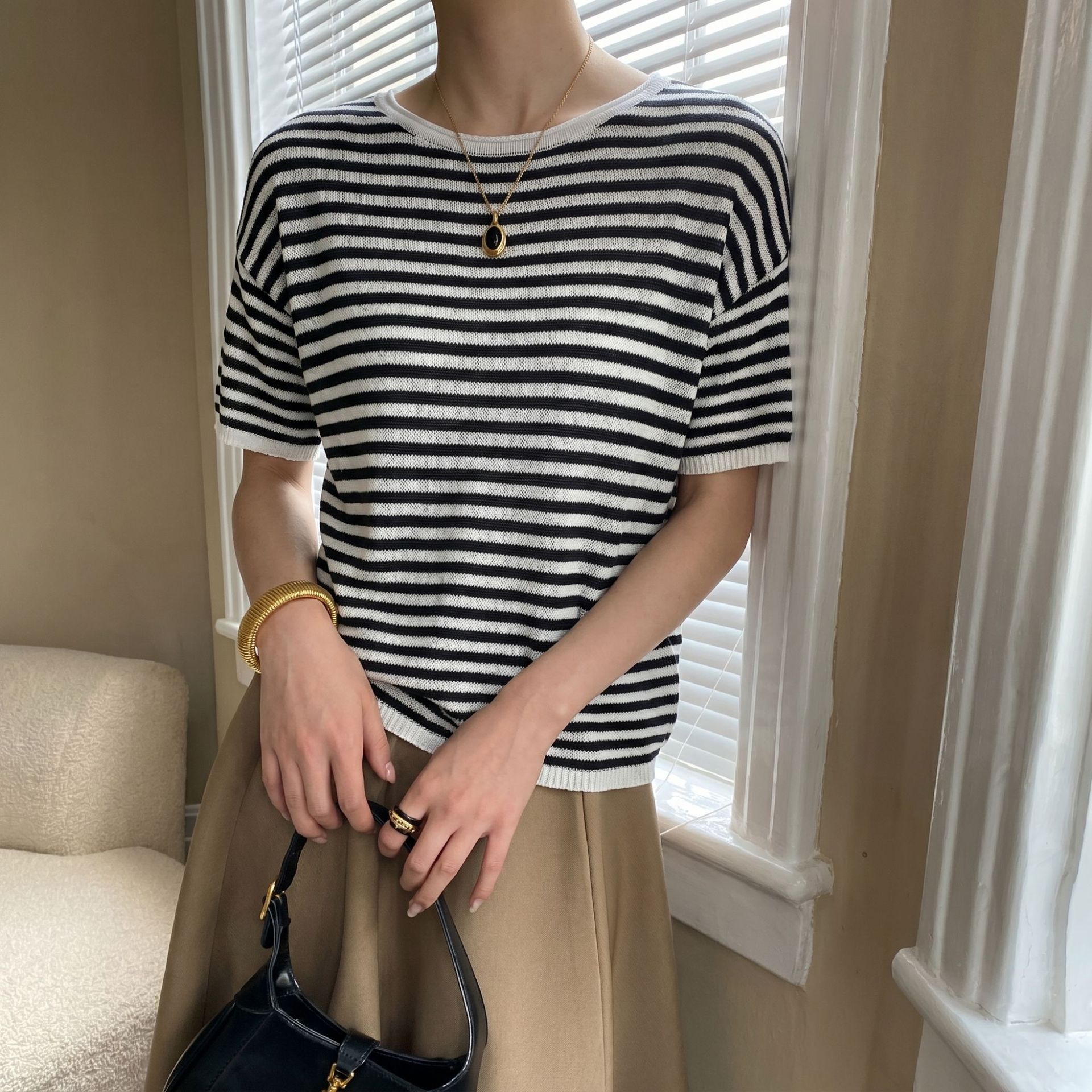 2026 New Summer Washi Paper Yarn Striped Off-Shoulder Slimming Short-Sleeve T-Shirt Fashion Versatile Loose Top for Women