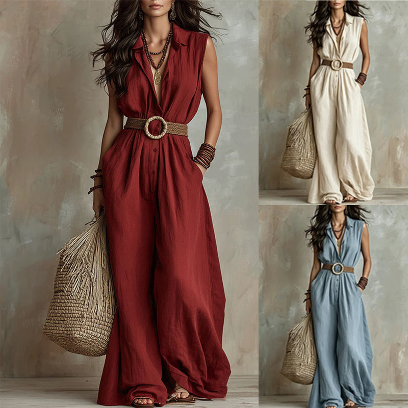 European and American Style Cross-Border Summer Vacation Style Sleeveless Jumpsuit for Women with Lapel Collar, Waist-Cinching, Slimming Wide-Leg Casual Long Pants