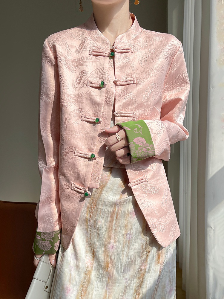New Chinese-Style Acetate Satin National Style Jacket for Women, Spring 2023 New Jacquard Shirt with Traditional Chinese Buttons, Faux Silk Outerwear